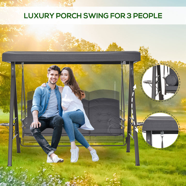 MCL 3 Seater Garden Swing Chair Outdoor Hammock Bench w/ Adjustable Canopy, Cushions and Cup Trays, Brown Steel Frame, Dark Grey Fabric