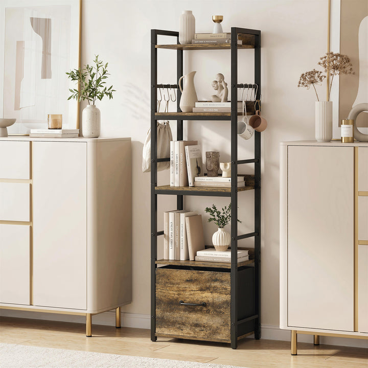4-Tier Bookshelf, Narrow Bookcase with Drawer, 8 Hooks, Metal Frame, R