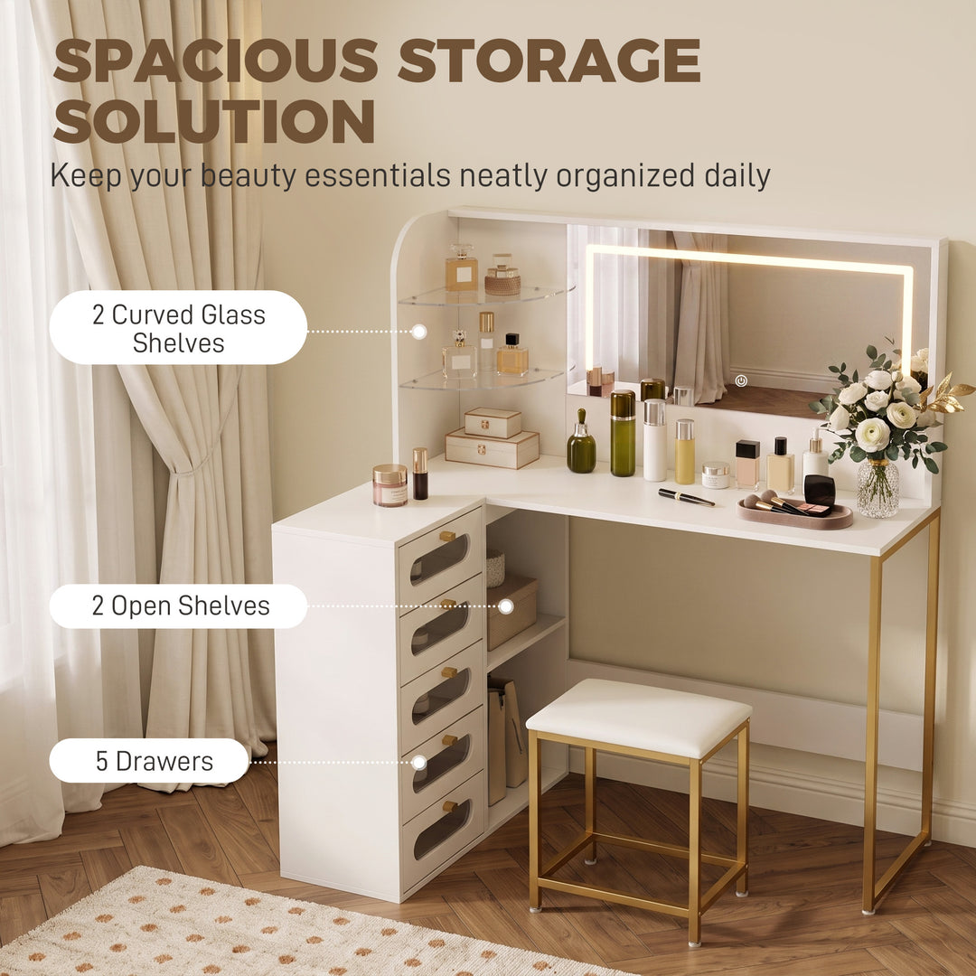 Dressing Table with LED Mirror and Stool, L-Shaped Vanity Desk with Dr