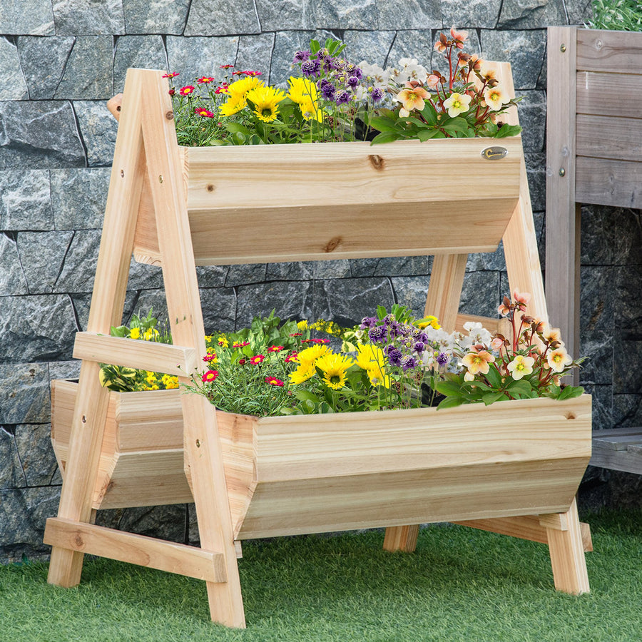 68cm x 57.5cm x 80.5cm 51L Wood Raised Garden Bed, Outdoor Planter Box with Stand, Nonwoven Fabric for Vegetables, Herbs, Flowers, Natural