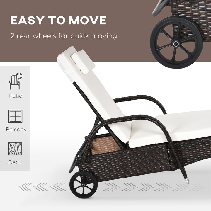 MCL 3 Pieces PE Rattan Patio Lounge Chair Set, Outdoor Recliner Lounge Chairs with Wheels, for Outside with Cushions, Headrest, Coffee Table for Garden, Poolside, Brown