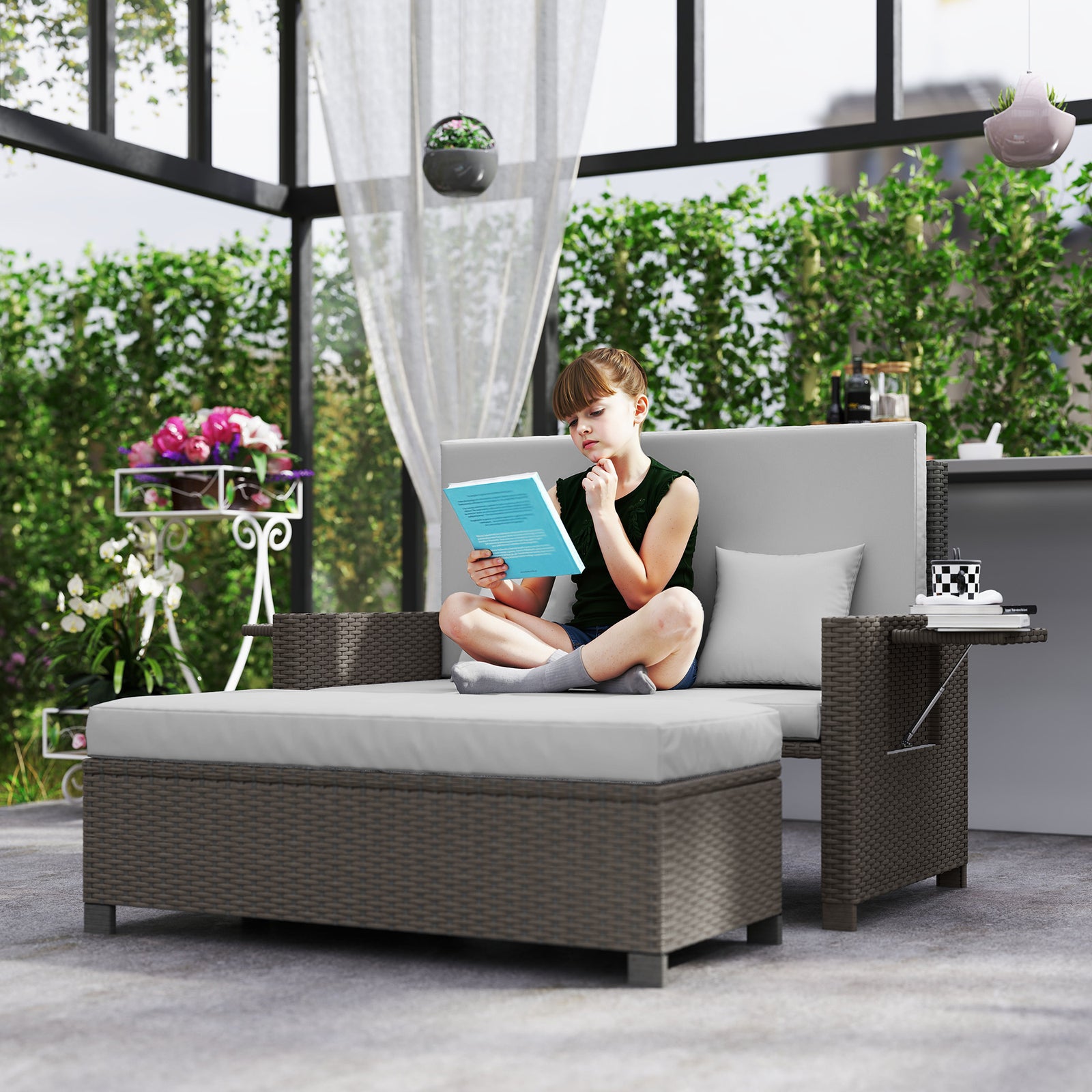 Rattan Day Bed, with Footstool - Light Grey