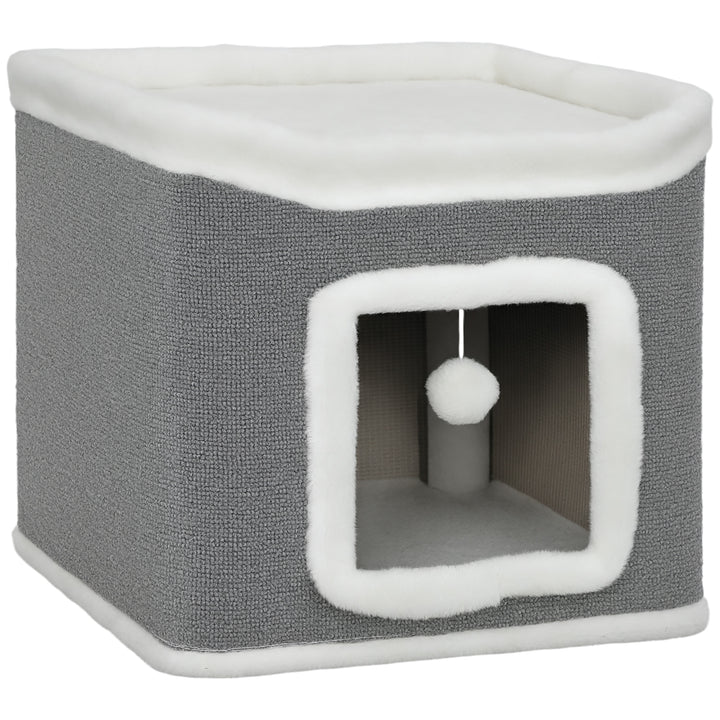 MCL Cat House for Indoor Kittens, 2-Level Cat Cave Bed with Fluffy Balls, Top Bed, Kitten Barrel for Multi Kitties, Grey