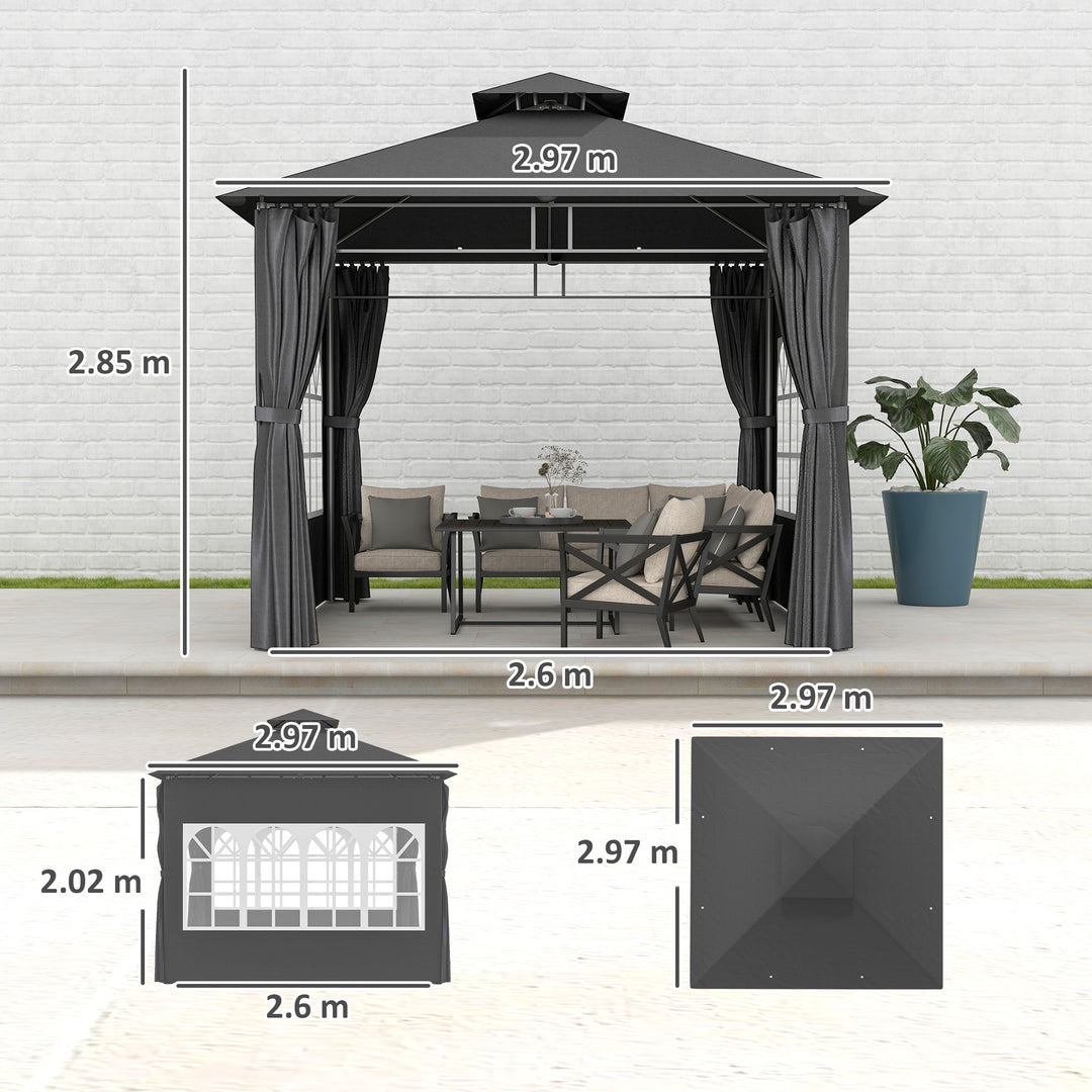 3 x 3 m Garden Gazebo, Double Roof Metal Gazebo with Removable Sidewalls and Church Windows, Outdoor Canopy Shelter, Dark Grey
