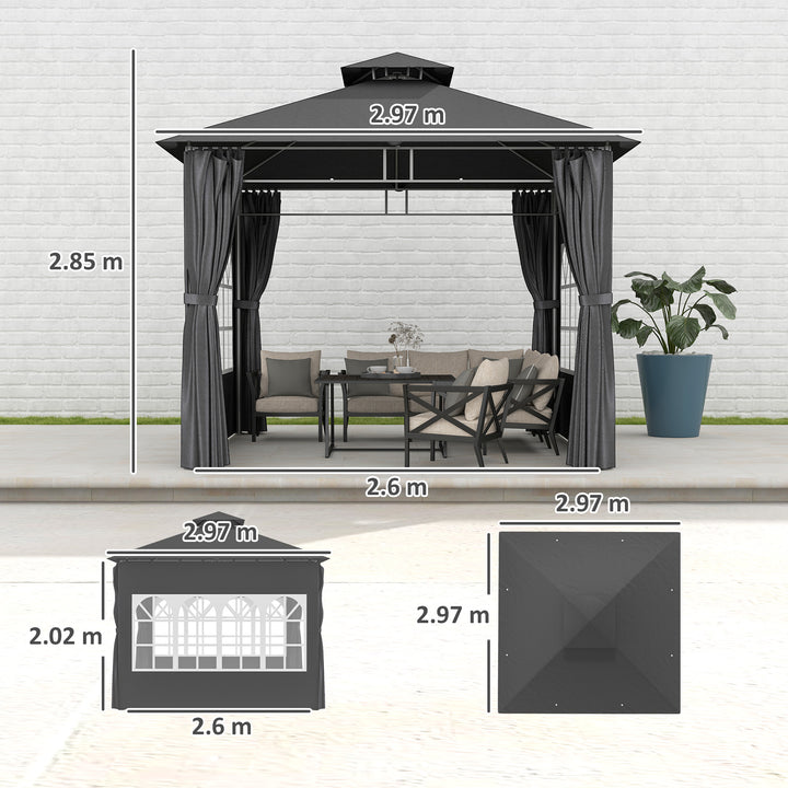 3 x 3 m Garden Gazebo, Double Roof Metal Gazebo with Removable Sidewalls and Church Windows, Outdoor Canopy Shelter, Dark Grey