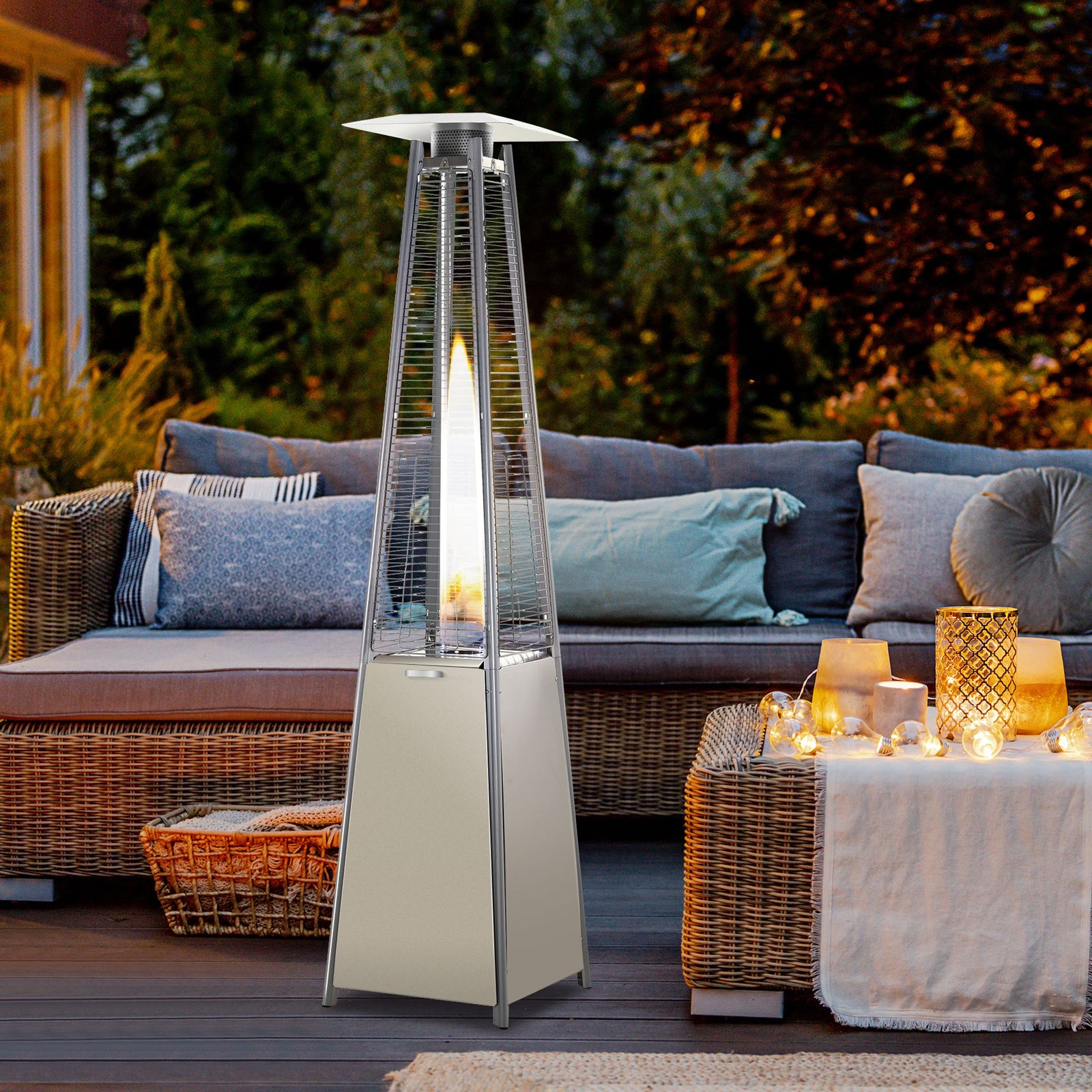 Stainless Steel Outdoor Garden Pyramid Patio Heater with Wheels and Rain Cover - Silver