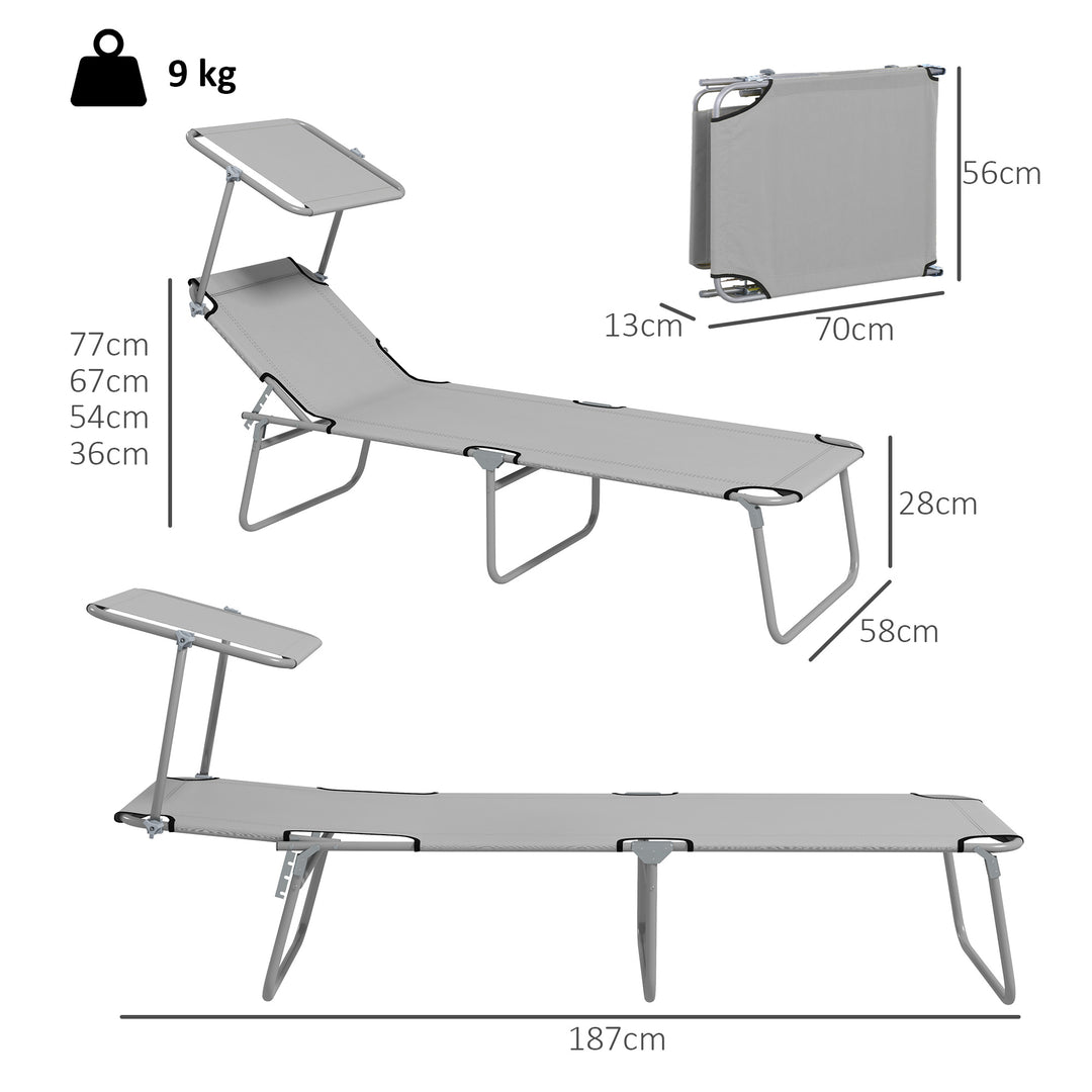 Outdoor Foldable Sun Lounger Set of 2, 4 Level Adjustable Backrest Reclining Sun Lounger Chair with Angle Adjust Sun Shade Awning for Beach, Garden, Patio, Light Grey