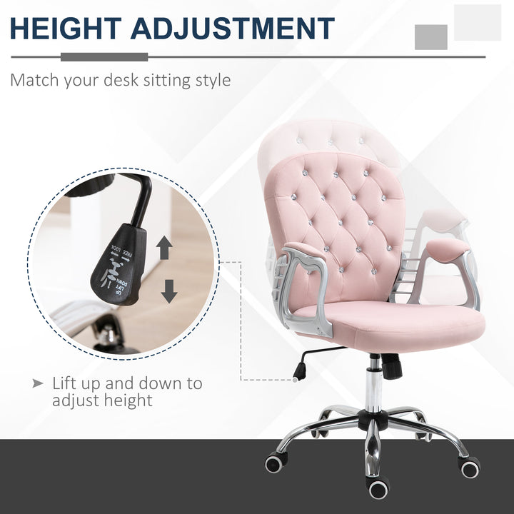 Office Chair, Swivel Desk Chair, Velvet Vanity Chair with Adjustable Height and Rolling Wheels for Home Work Study, Pink