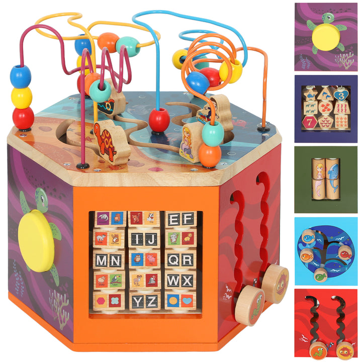 MCL Wooden Activity Cube, Baby Toys with Bead Maze, Pattern Sorter for Toddlers Boys and Girls 18+ Months
