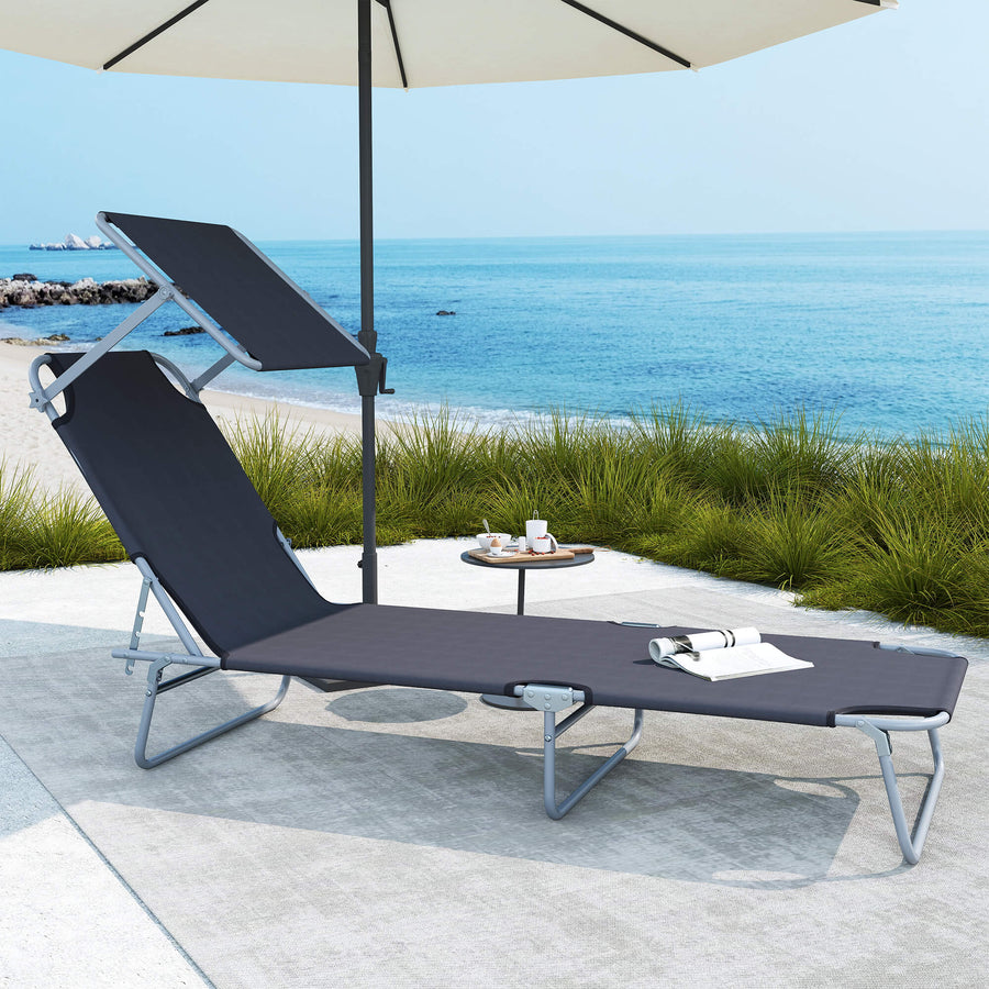 Outdoor Foldable Sun Lounger, 4 Level Adjustable Backrest Reclining Sun Lounger Chair with Angle Adjust Sun Shade Awning for Beach, Garden, Patio, Grey
