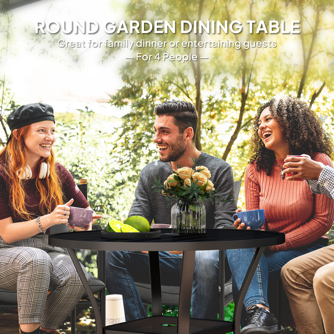 90 cm Garden Dining Table with 4-5 cm Parasol Hole, Round Outdoor Dining Table, Steel Garden Table with Slatted Metal Top and Wire Shelf for Balcony, Porch, Black