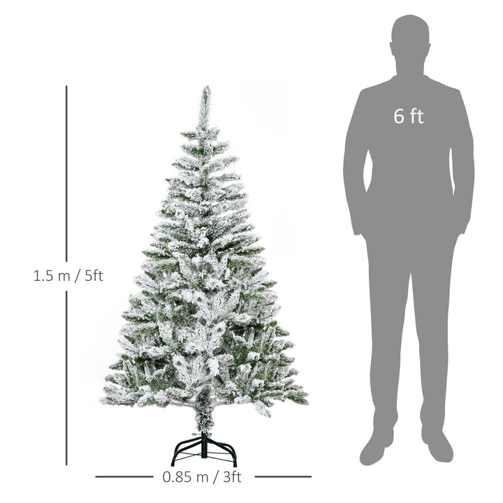 HOMCOM 5 Foot Snow Flocked Artificial Christmas Tree Xmas Pine Tree with 358 Realistic Branches, Auto Open and Steel Base, Green | Aosom UK