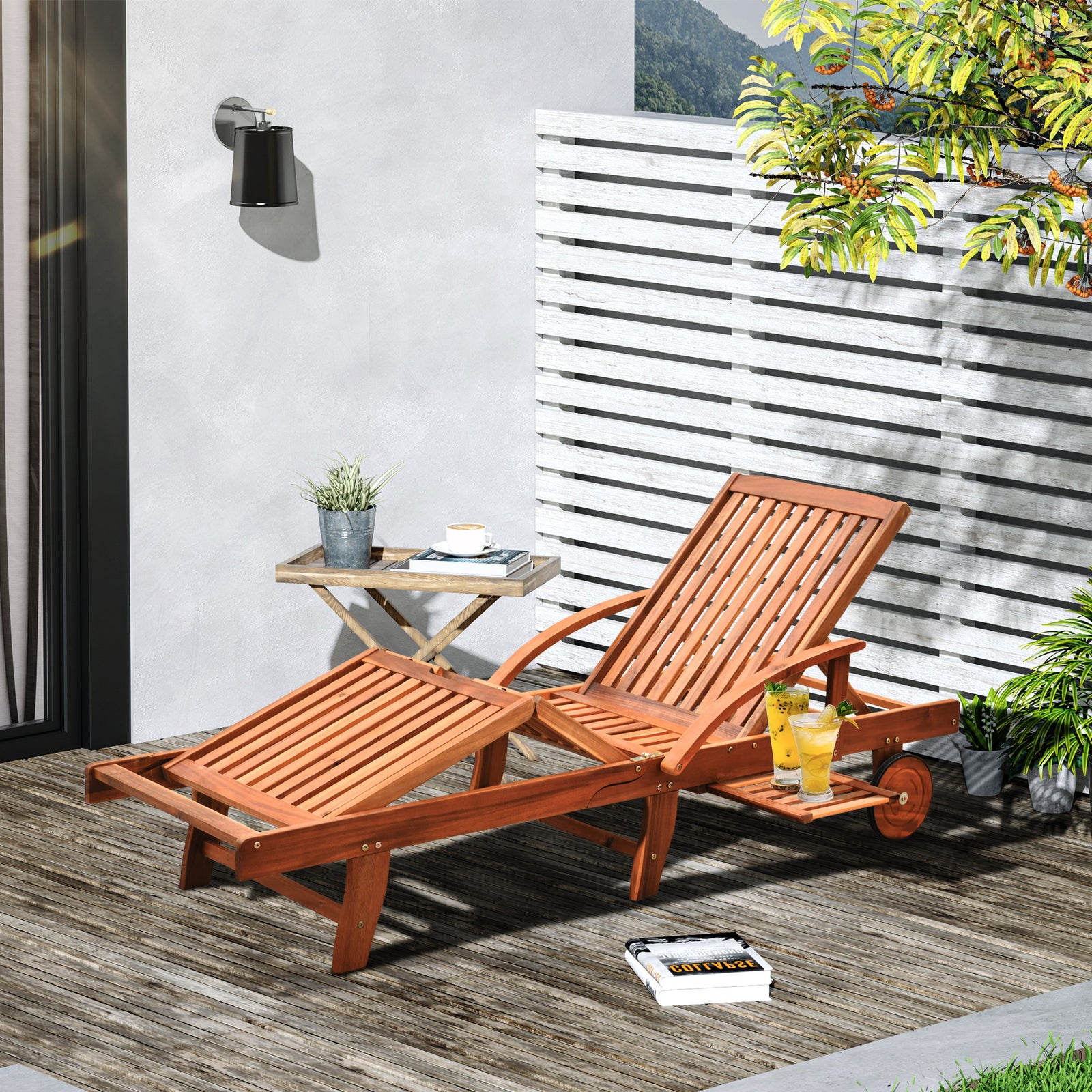 Folding Wooden Sun Lounger, 4-Level Adjustable Garden Lounger Recliner with Side Tray and Wheels, Outdoor Reclining Sunbed with Slatted Seat and Armrests for Patio, Terrace, Teak