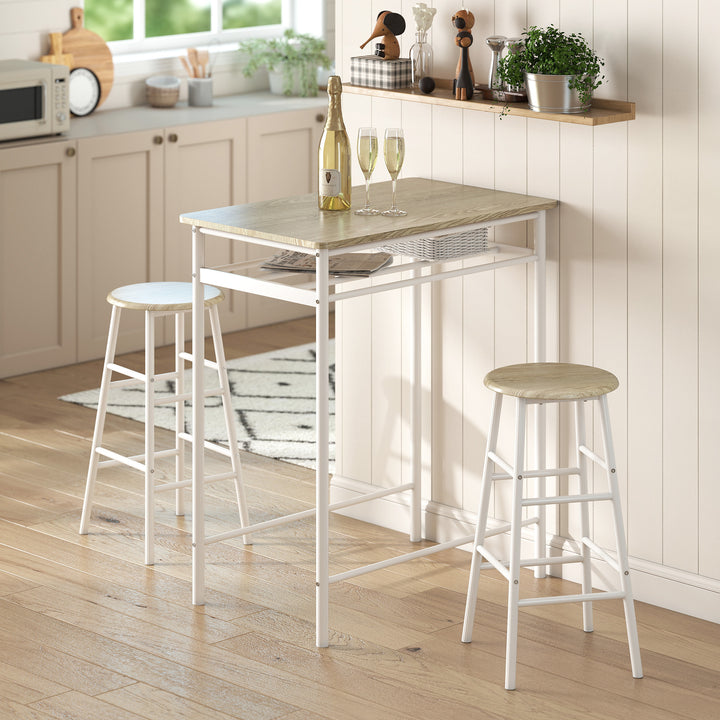 MCL Bar Table Set, Bar Table and Stools Set, Footrest and Storage Shelf, for Kitchen, Dining Room, Pub, Cafe, White and Oak