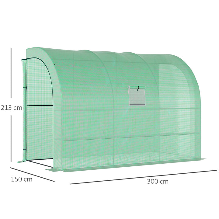 Walk-In Lean to Greenhouse with Windows and Zippered Doors, 2 Tiers 6 Wired Shelves 300L x 150W x 213Hcm Green