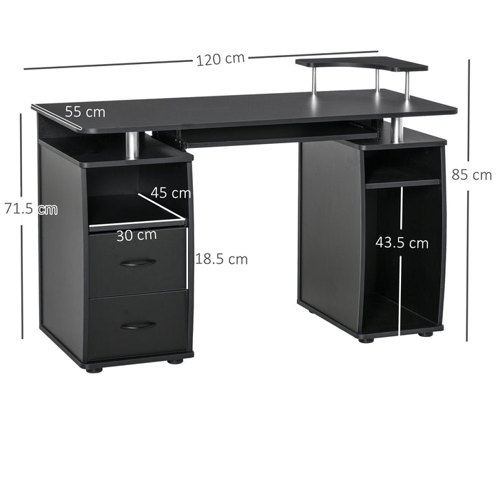 HOMCOM Computer Desk Office PC Table Workstation with Keyboard Tray, CPU Shelf, Drawers, Sliding Scanner Shelf, Black | Aosom UK