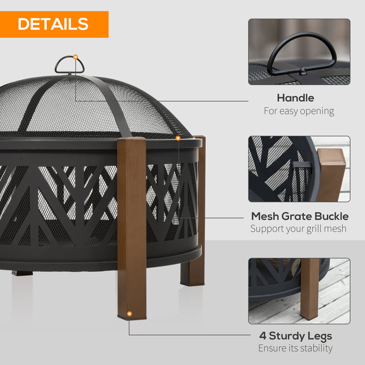 Metal Large Firepit Bowl Outdoor 2-In-1 Round Fire Pit Brazier w/ Lid, BBQ Grill, Poker for Backyard, Camping, Bonfire, Wood Burning Stove, 78 x 78 x 60cm, Black