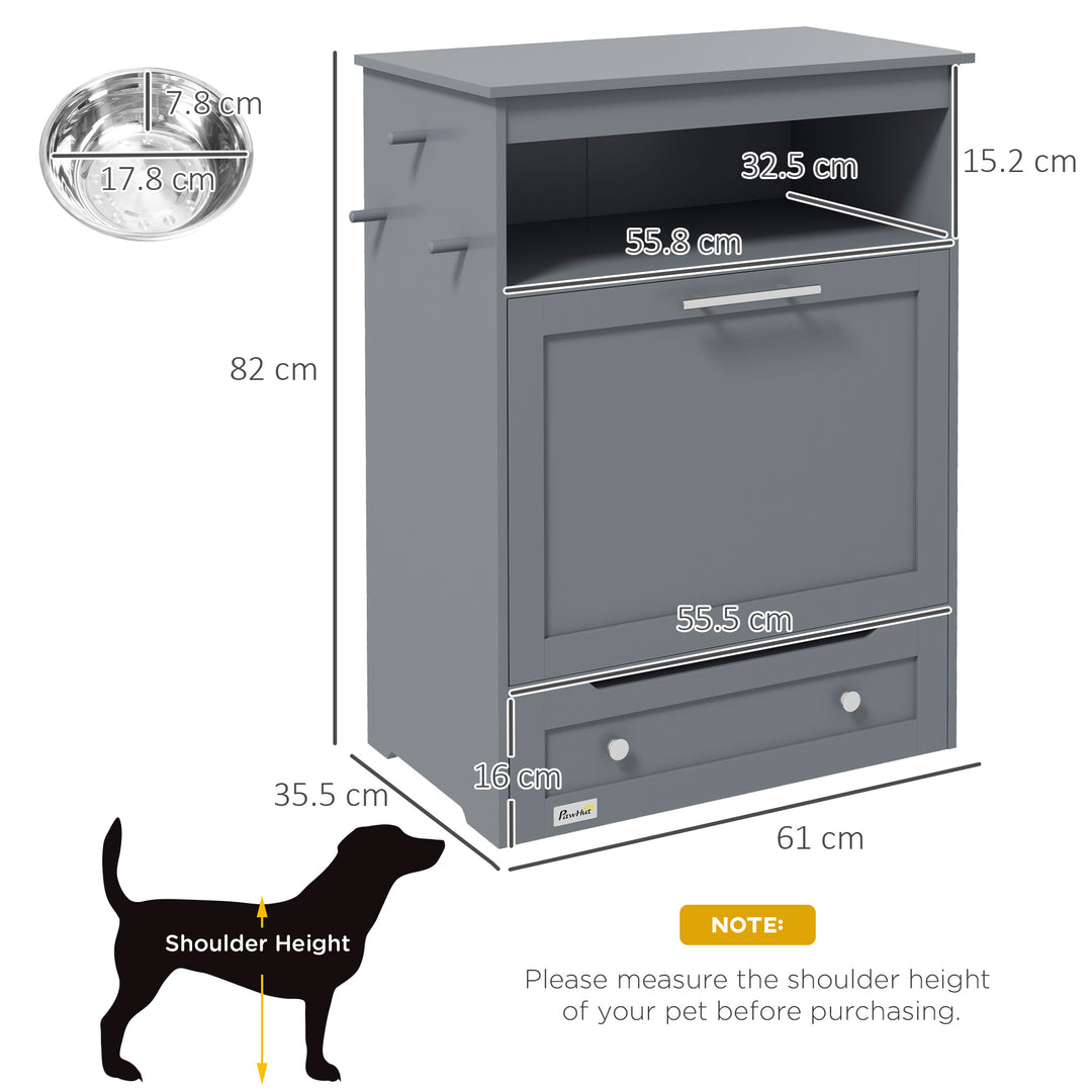 Pet Feeder Station, Dog, Cat Storage Container, with Raised Bowls, Hanger, Cabinet - Grey