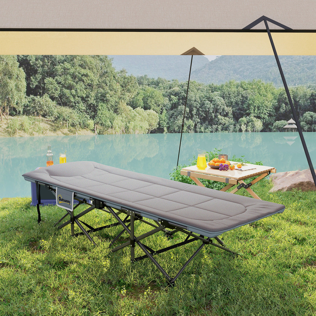 Folding Camping Bed for Adults with Cushion, Heavy Duty Portable Travel Camping Cot with Headrest, Side Pocket and Non-Slip Foot Pads for Outdoor Beach Travel Office, Grey