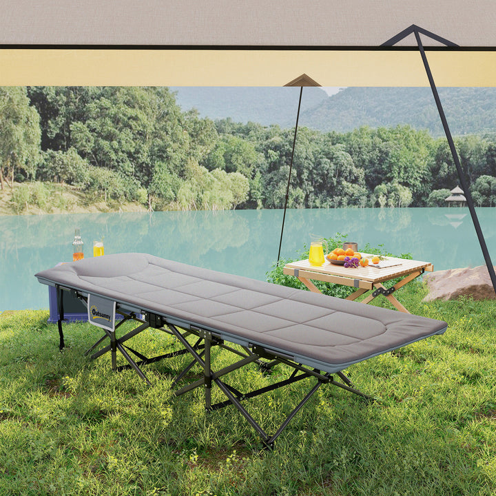 Folding Camping Bed for Adults with Cushion, Heavy Duty Portable Travel Camping Cot with Headrest, Side Pocket and Non-Slip Foot Pads for Outdoor Beach Travel Office, Grey