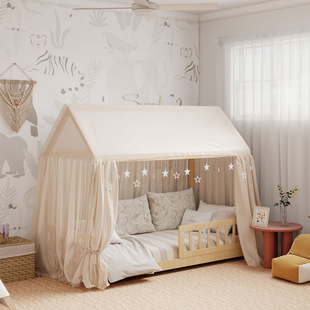 House-Shaped Kids Bed Frame with Guard Rails, Solid Pine Wood Single Bed Frame for Kids Boys and Girls