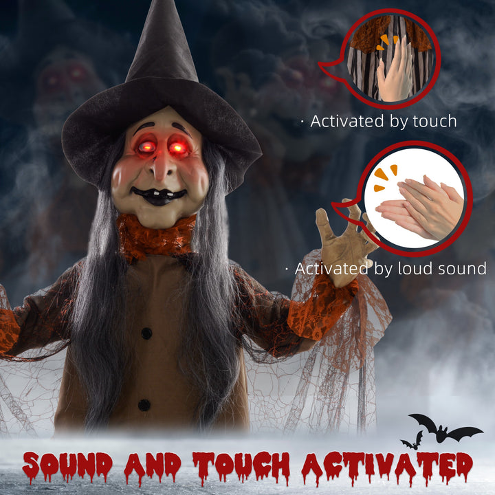 HOMCOM 183 cm Life Size Halloween Animated Standing Fat-Faced Witch with Red Light Up Eyes, Sound Activated Moving Arms &amp; Head, Scary Witch Halloween Decorations, Battery Operated, Indoor Party Props