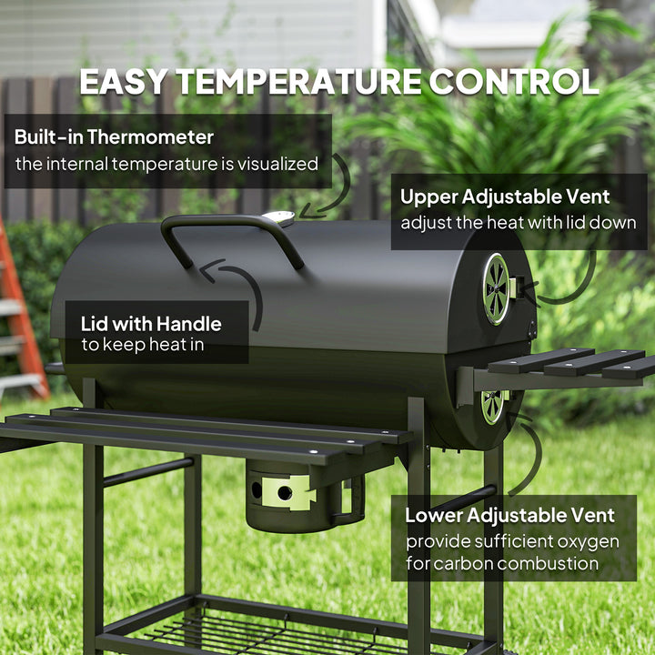 Charcoal BBQ Grill with Foldable Front Side Shelf, Portable Barbecue Smoker with Warming Rack, Bottom Shelf, Lid, Temperature Gauge, Wheels for Outdoor Cooking Garden Party, Black