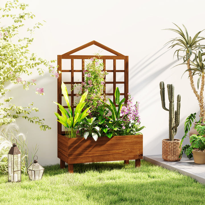 Garden Planters with Trellis for Vine Climbing, Distressed Wooden Raised Beds, 90x43x150cm, Brown