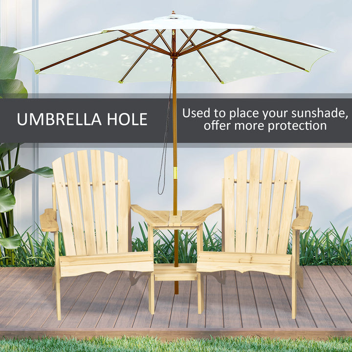 Wooden Outdoor Double Adirondack Chairs Loveseat w/ Centre Table and Umbrella Hole, Garden Patio Furniture for Lounging and Relaxing, Natural