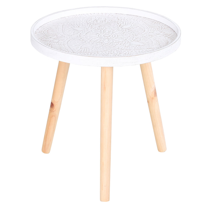 Coffee Table, Carved Floral Round Table with Tray-style Top and Wood Legs, Modern Side Table for Living Room, White
