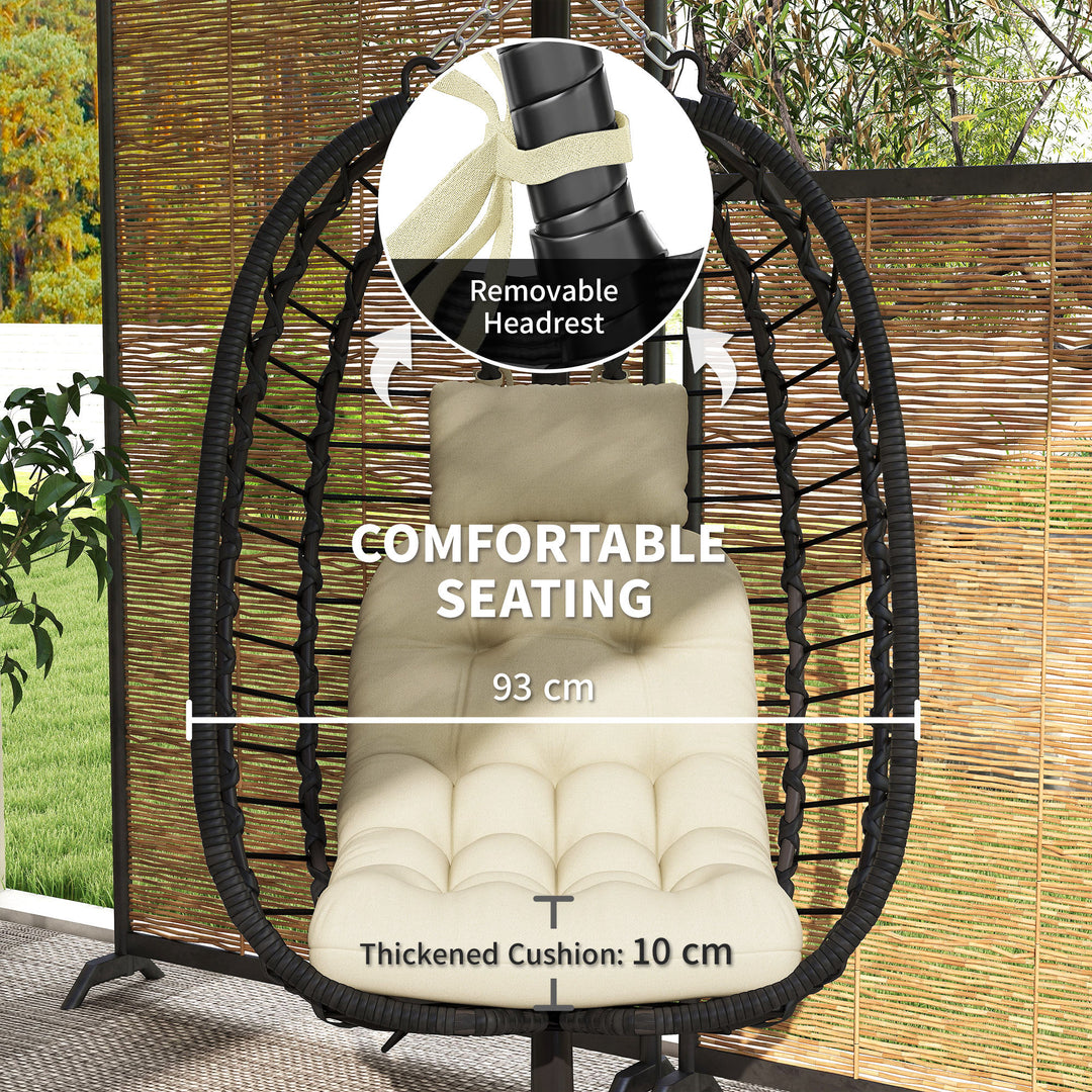 Rattan Hanging Egg Chair, Foldable Wicker Hammock Swing Chair with Cushion, Stand, Adjustable Height, Head Pillow, Steel Frame for Garden Patio Indoor Outdoor, Cream White