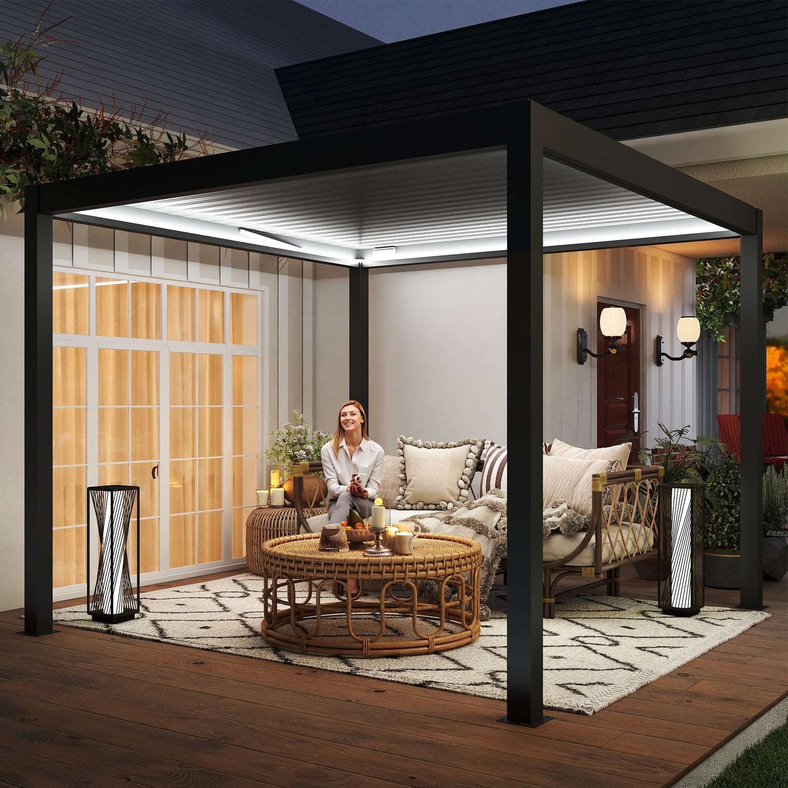 3 x 3(m) Electric Louvered Pergola with LED Lights, Aluminium Pergola Hardtop Gazebo with Remote, Adjustable Roof and Drainage System, Water and UV Proof