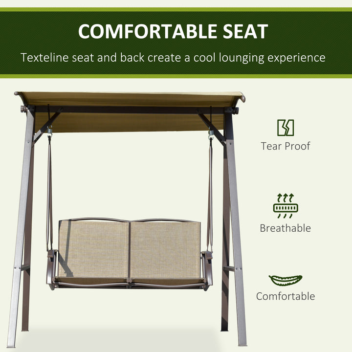 2 Seater Garden Swing Seat Swing Chair, Outdoor Canopy Swing Bench with Adjustable Shade, Metal Frame and Texteline Seat, Brown