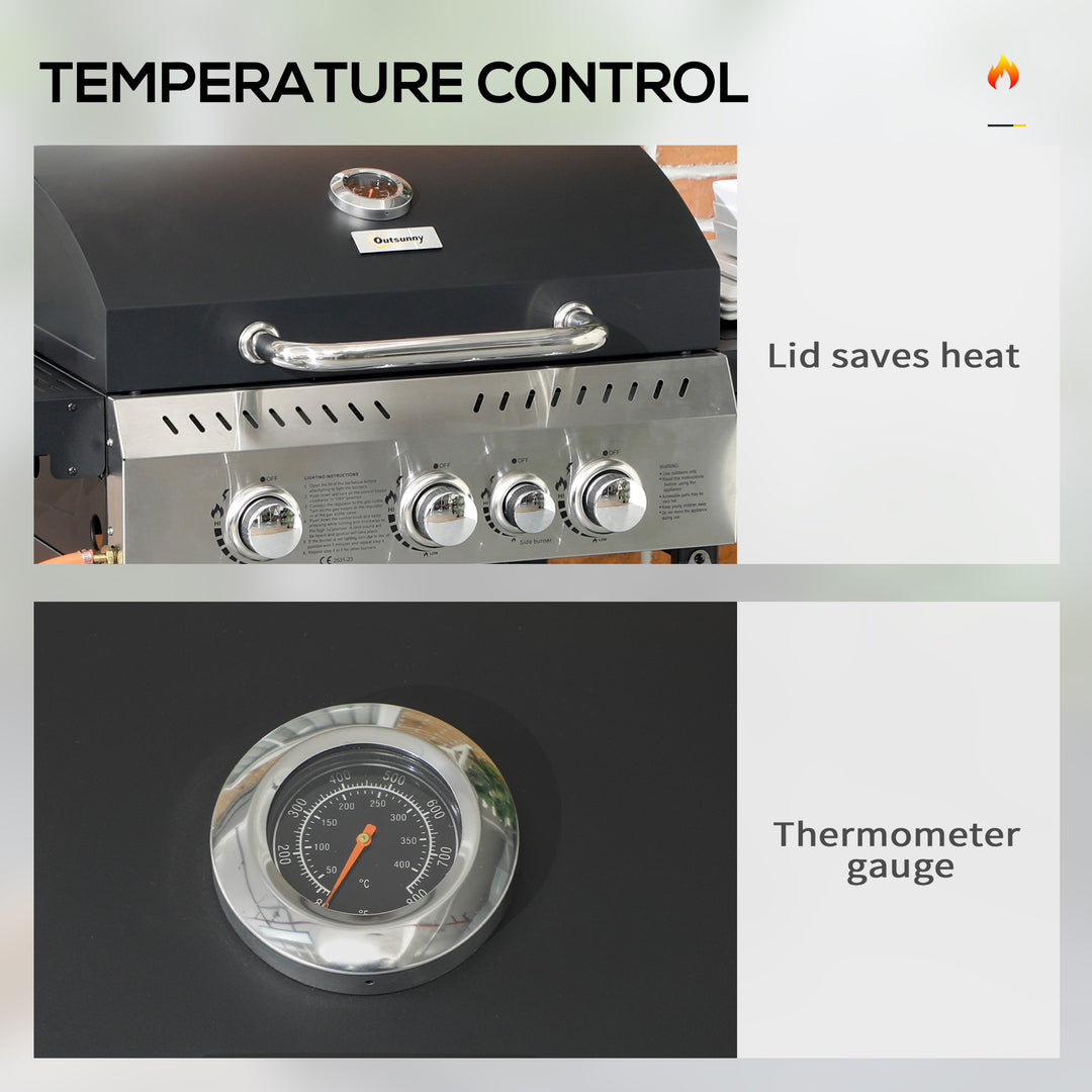 Four-Burner Steel Gas Grill, with Thermometer - Black