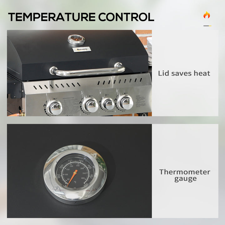Four-Burner Steel Gas Grill, with Thermometer - Black