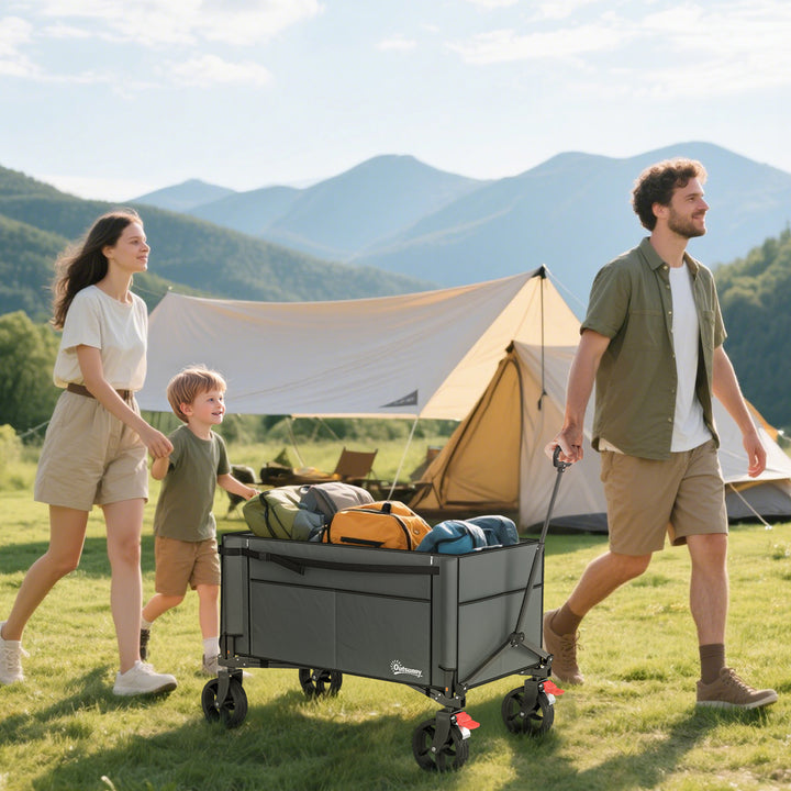 Festival Trolley on Wheels, 150L Folding Camping Trolley Cart with Openable Sides, Adjustable Handle and Brakes for Shopping Beach Garden Fishing, Grey