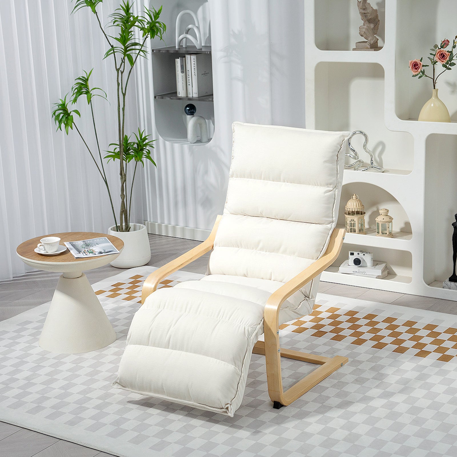 Curved Wooden Accent Chair, with Adjustable Footrest - Cream White