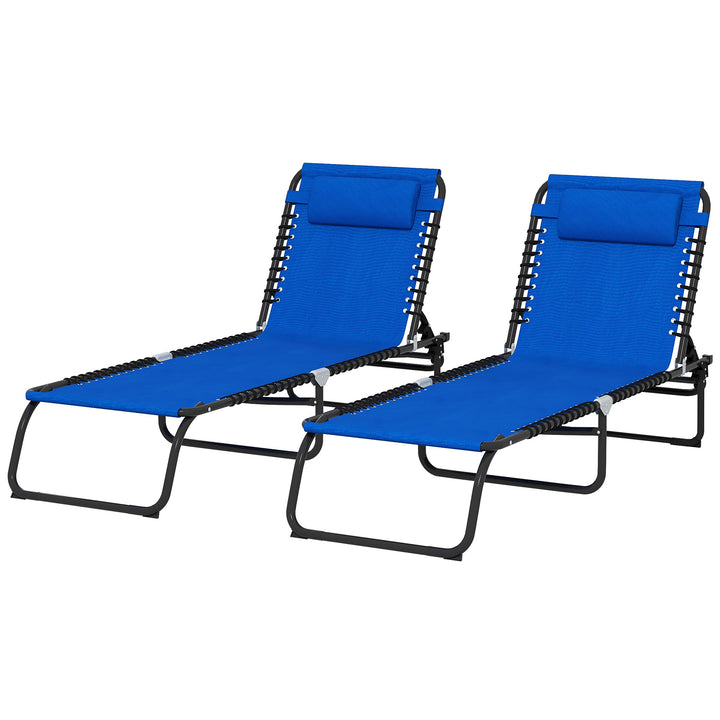 Outsunny 2 Pcs Folding Sun Lounger Beach Chaise Chair Garden Cot Camping Recliner with 4 Position Adjustable Blue | Aosom UK