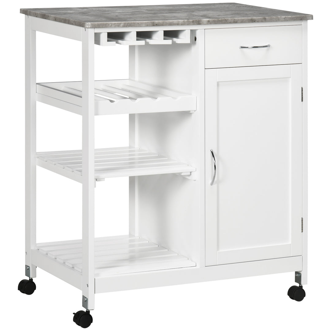 MCL Compact Kitchen Trolley Utility Cart on Wheels with Wine Rack, Drawer, Open Shelf and Storage Cabinet for Dining Room, White