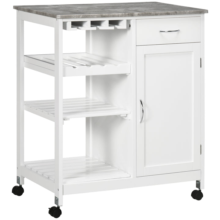 MCL Compact Kitchen Trolley Utility Cart on Wheels with Wine Rack, Drawer, Open Shelf and Storage Cabinet for Dining Room, White