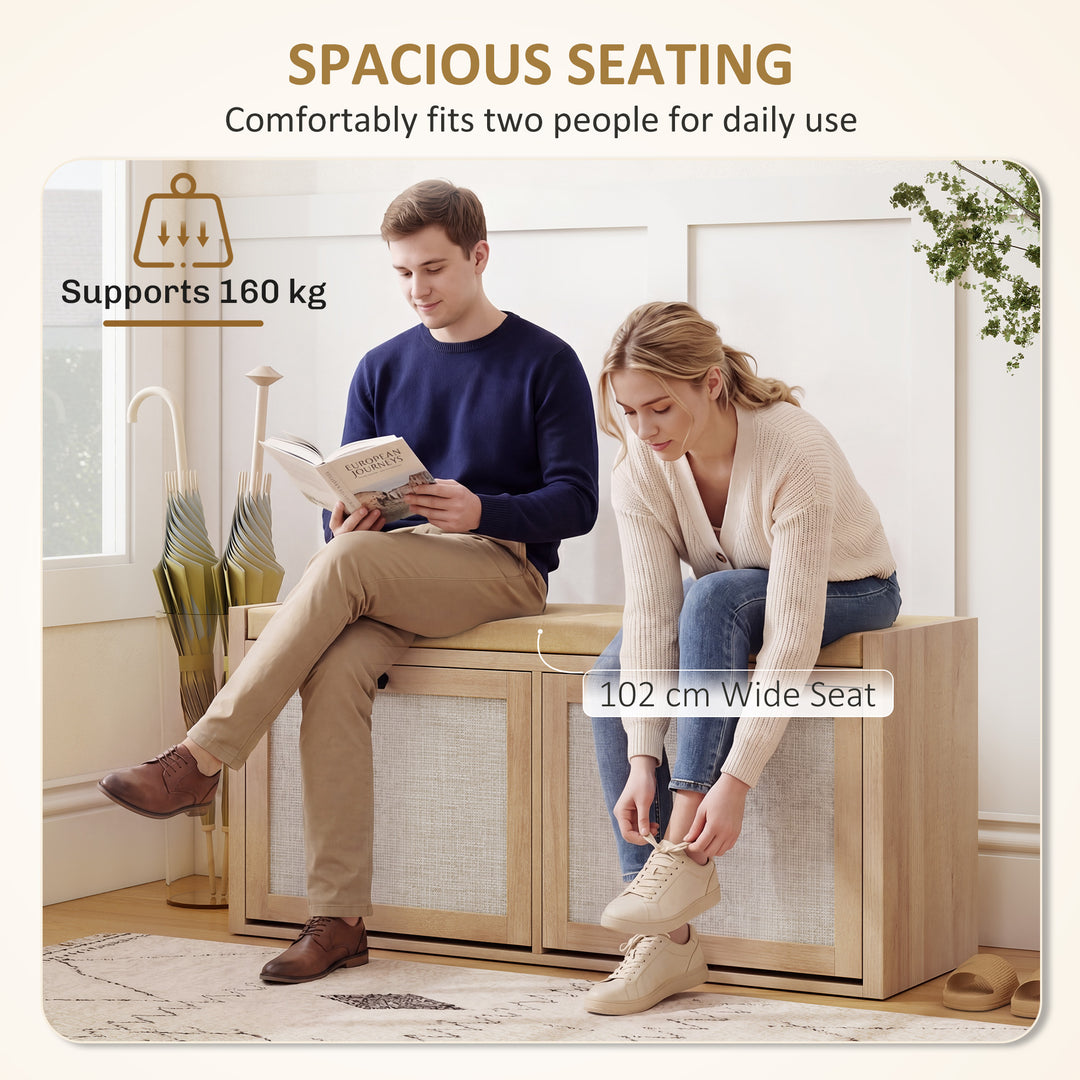 Rattan Shoe Bench with Padded Cushion and 2 Cabinets for Hidden Storag