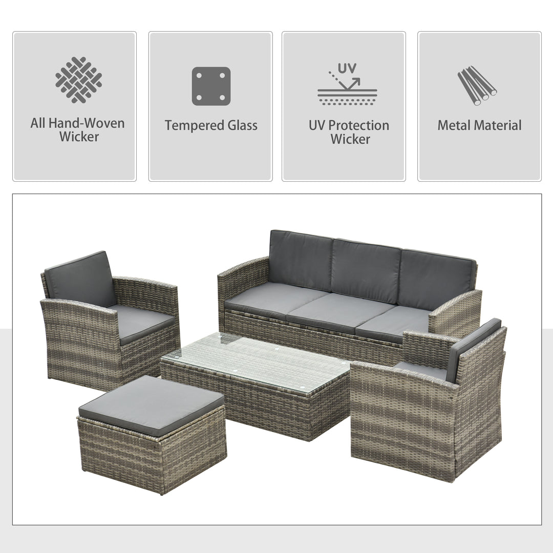 Rattan Garden Furniture Outdoor Patio 5 Piece Wicker Weave Sofa Set with Storage, Cushioned, 3-Seater Sofa + 2 Single Chairs + Foot Stool + Coffee Table