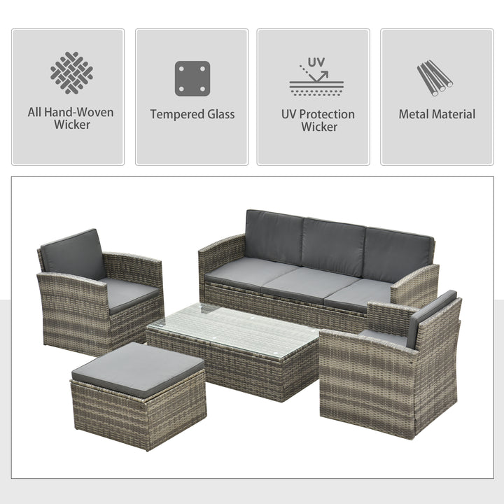 Rattan Garden Furniture Outdoor Patio 5 Piece Wicker Weave Sofa Set with Storage, Cushioned, 3-Seater Sofa + 2 Single Chairs + Foot Stool + Coffee Table