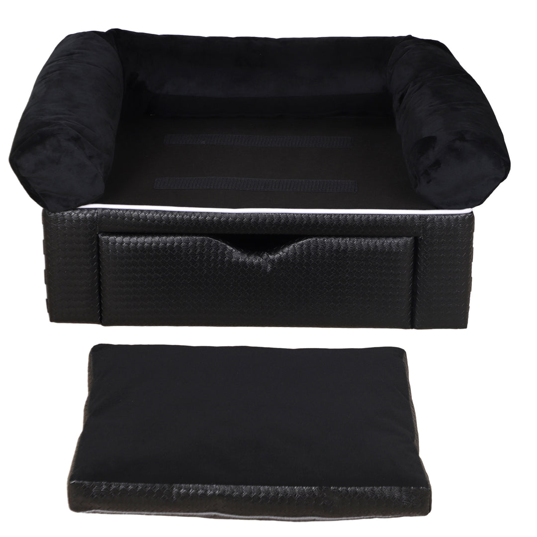 PawHut Dog Sofa Bed with Storage Drawer, Elevated Dog Couch for Small Dogs, with Soft Cushion, Removable and Washable Cover, Black