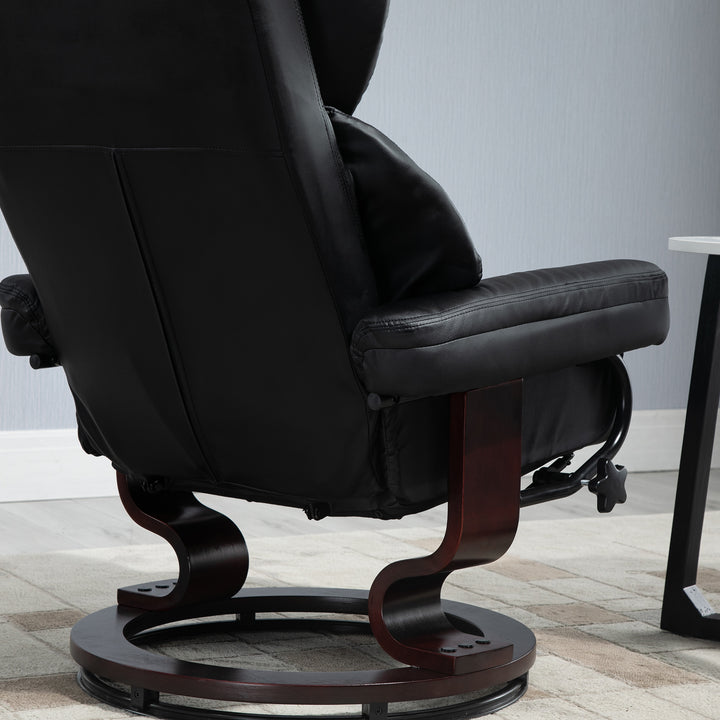 360° Swivel Recliner Chair with Footstool, PU Leather Manual Recliner Armchair with Solid Wood Base, Upholstered Reclining Chair for Living Room, Bedroom, Office, Black