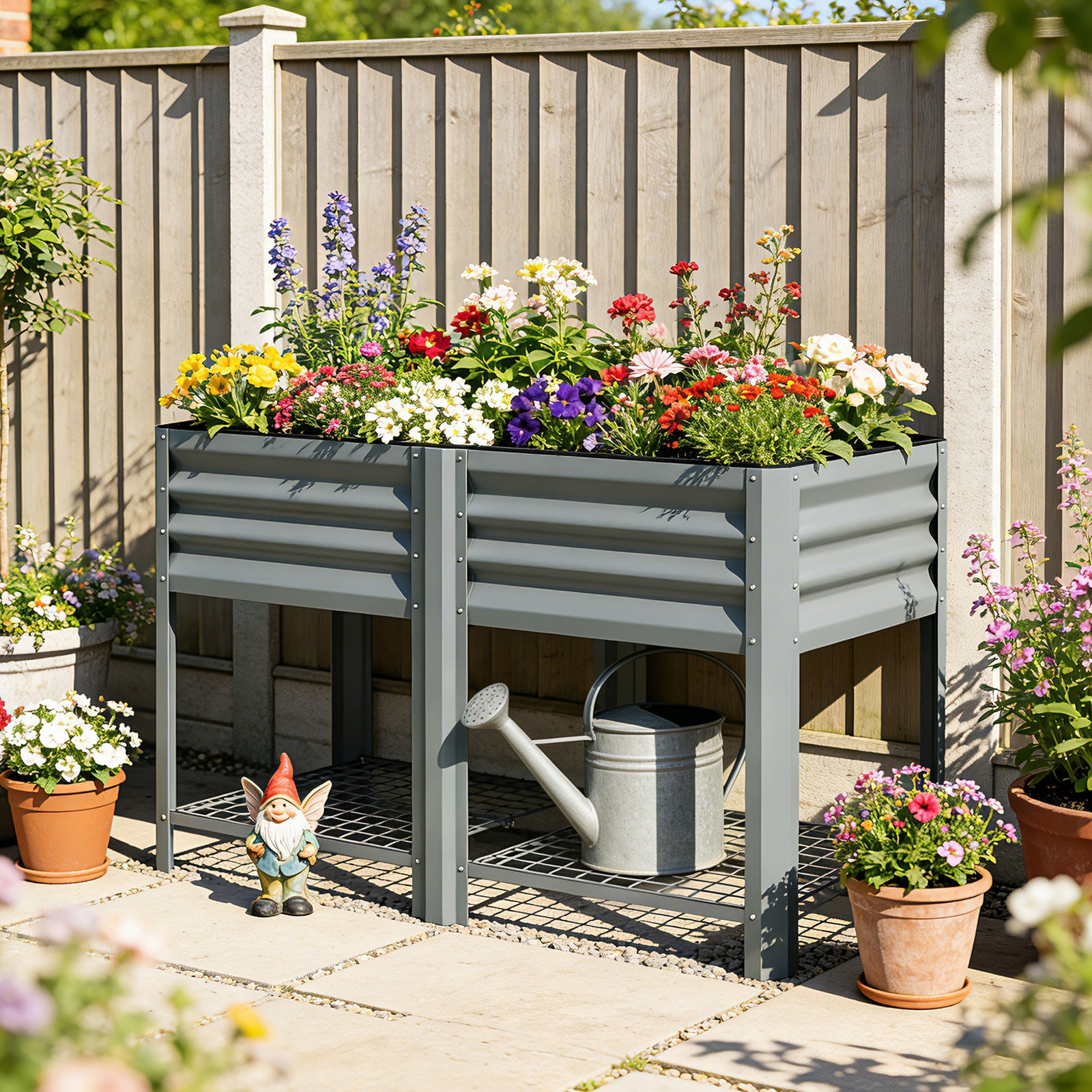 Raised Garden Bed with Storage Shelf Steel Elevated Planter Box with L