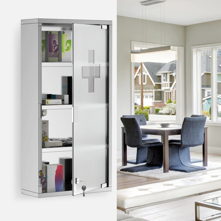4 Tier Stainless Steel Wall Mounted Medicine Cabinet Glass Lockable Door Storage Shelves Houseware Bathroom Furniture 60Hx30Wx12D(cm) w/2 Keys