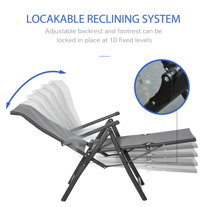 Set of 2 Outdoor Sun Lounger 10-Position Adjustable Texteline Folding Reclining Chairs with Footrest for Patio Garden, Grey