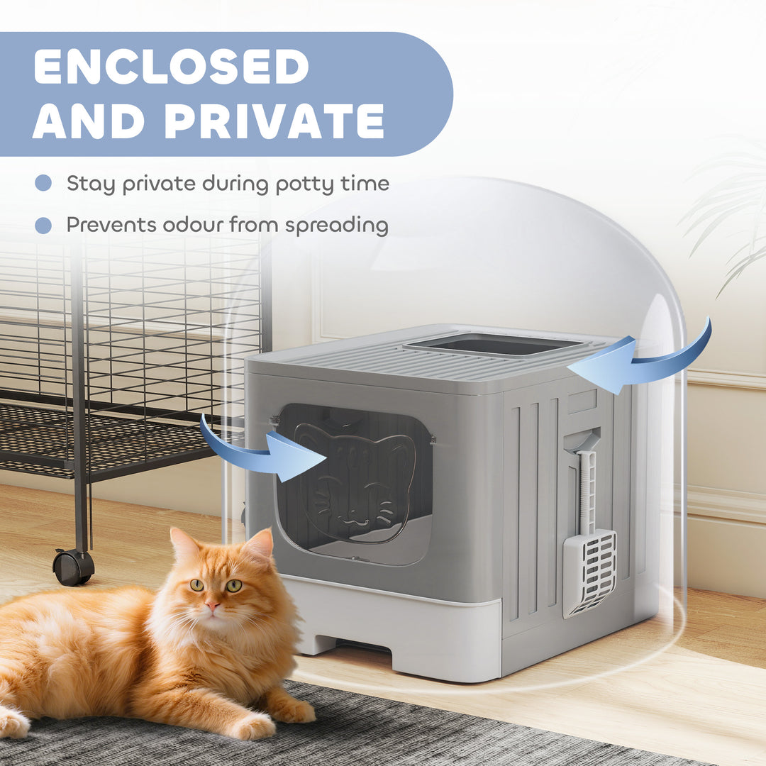 Foldable Cat Litter Box with Lid, Slide-Out Drawer, Scoop, Easy Clean, Odour Control, Anti-Splashing