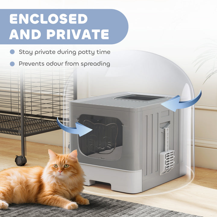 Foldable Cat Litter Box with Lid, Slide-Out Drawer, Scoop, Easy Clean, Odour Control, Anti-Splashing